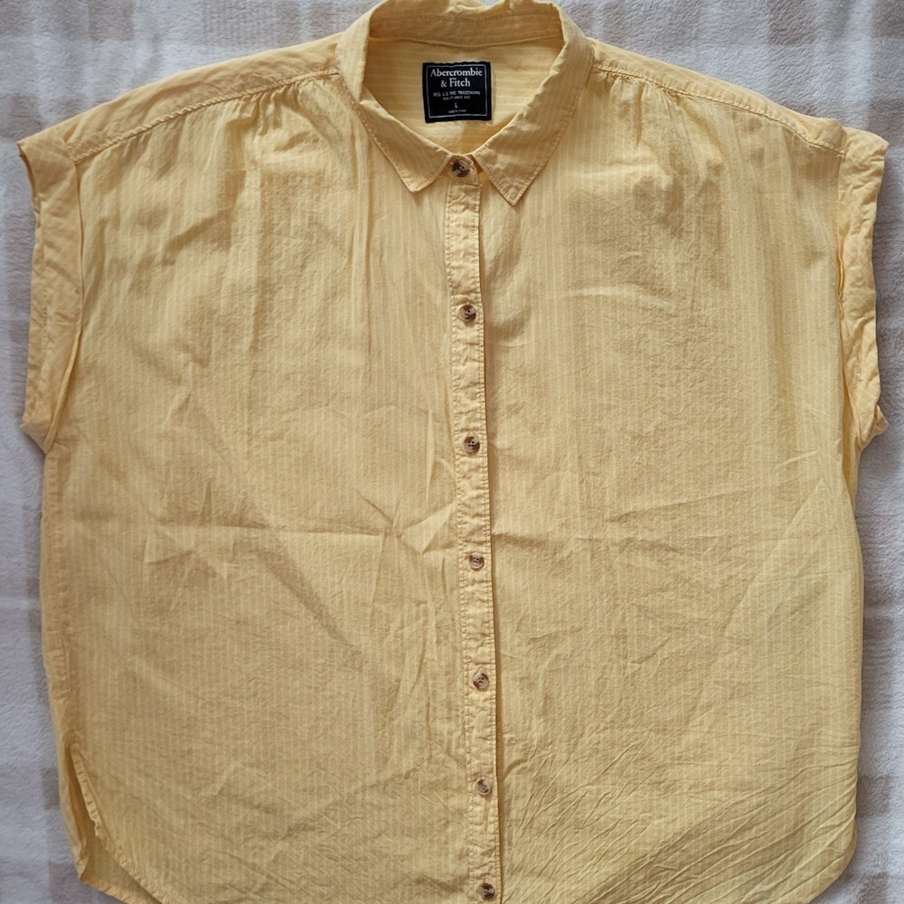 Abercrombie & Fitch Womens Short Sleeve Blouse Button Down Yellow White Stripe L