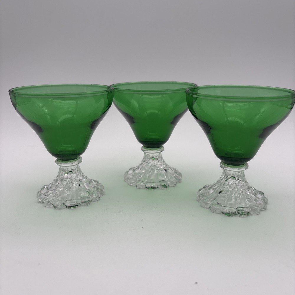 3 Vintage Anchor Hocking Emerald Green Boopie Glass Sherbet MCM