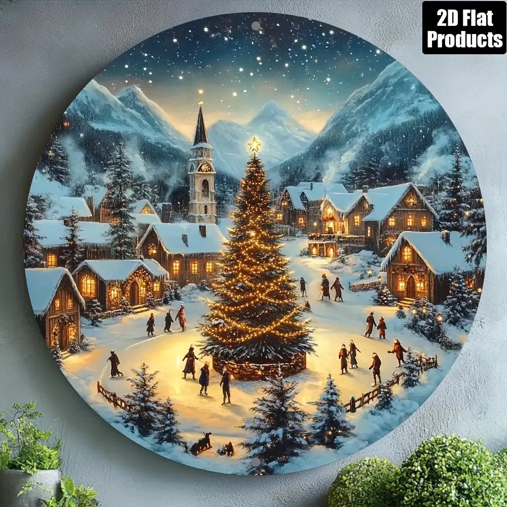 Winter Village Snow Scene Vintage Round Aluminum Wall Art
