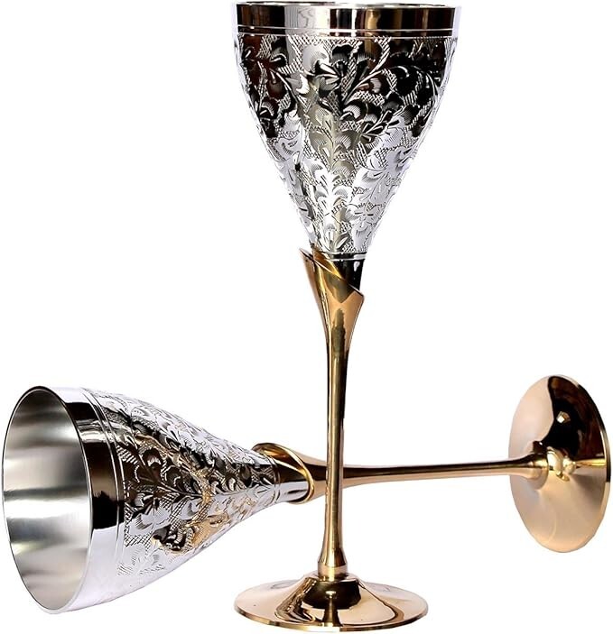 Set of 2 Engraved Brass Goblet Wine Glasses Royal Design Gift