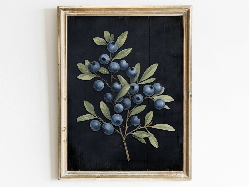 Blueberry Print Black Botanical Wall Art Berry Art Scandinavian Wall Decor