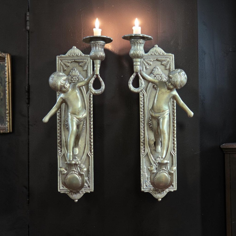Rare Pair French Style Solid Brass Cherub Angel Candle Wall Sconces 11” Long VTG