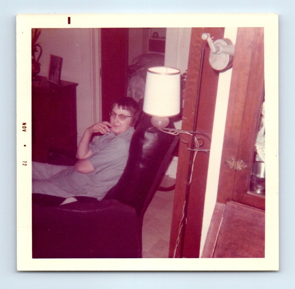 Old Vintage Square Color Photo SOLO WOMAN SITTING IN LIVING ROOM 1972