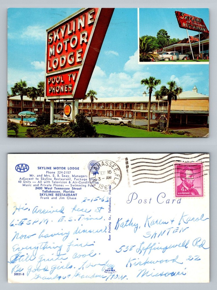 Tallahassee, FL-Florida, Skyline Motor Lodge Restaurant Vintage c1963 Postcard