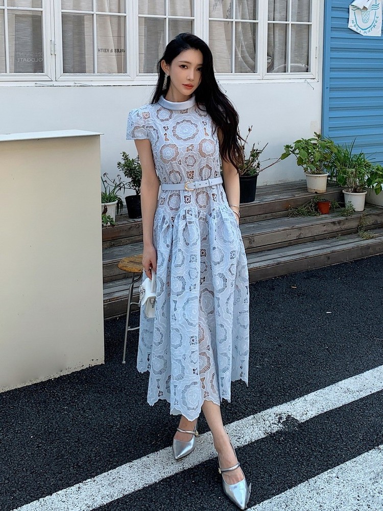 Self-Portrait Women's Blue Lace Midi Dress Short Sleeve A-line Dress for Ladies