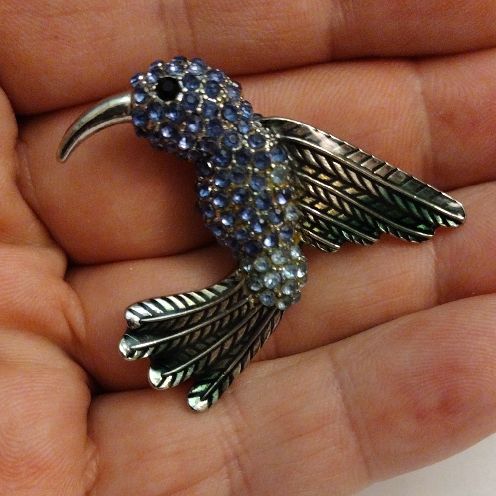 Vintage Silver Hummingbird Brooch Mixed Blue Sapphire Multi Color Rhinestone Pin