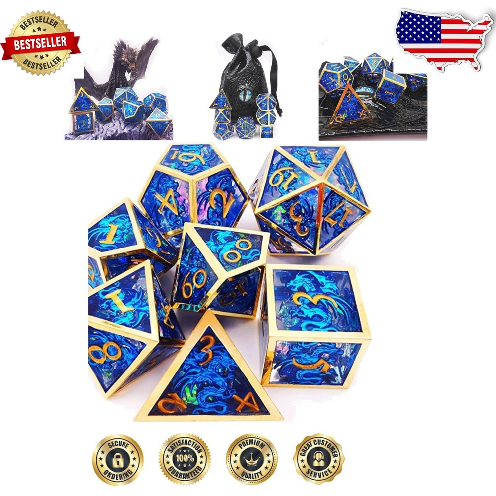 Premium Hollow Metal & Resin Blue Dragon Dice Set for D&D - 7-Piece Collection