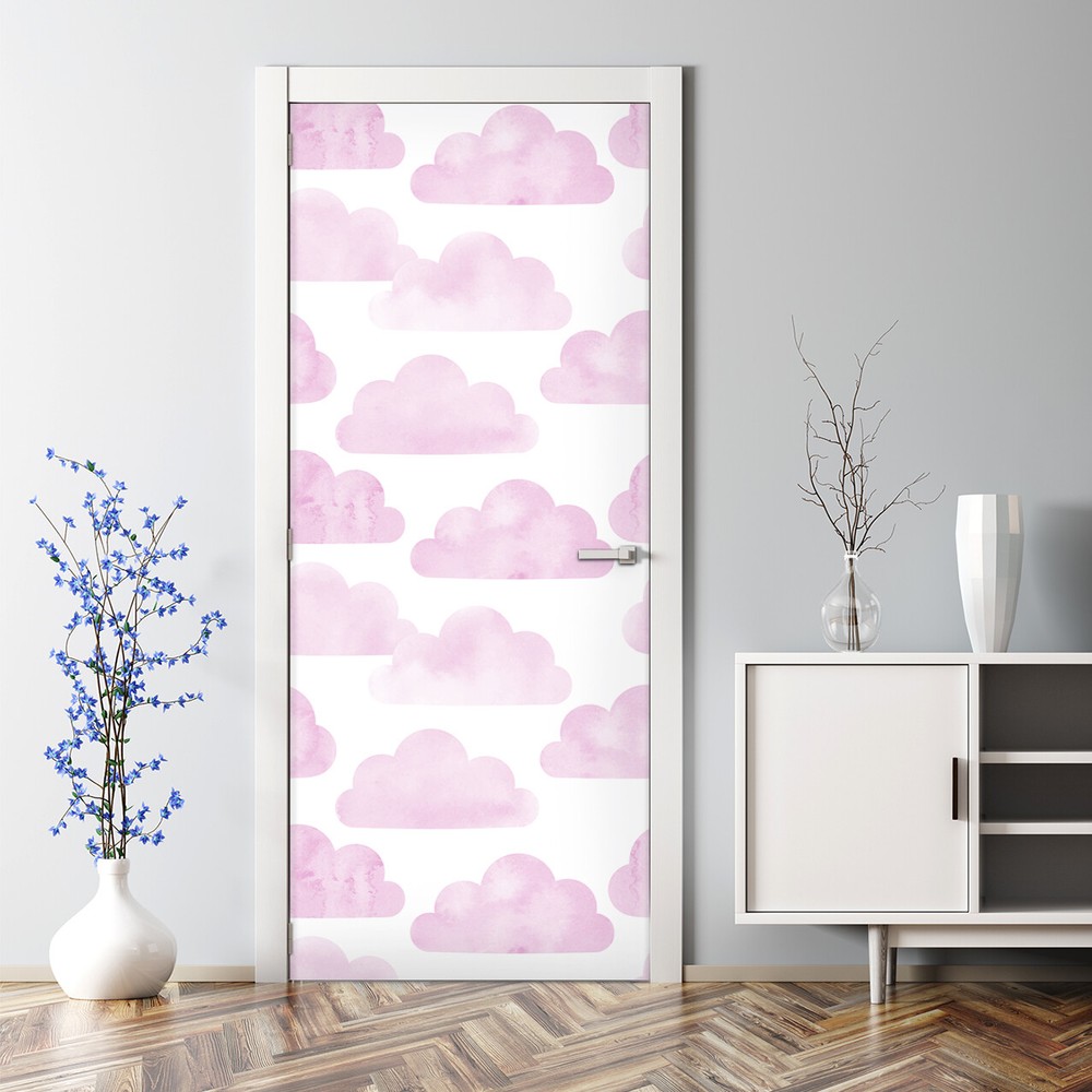 Pink clouds bubble-free reusable self-adhesive door decal wallpaper  