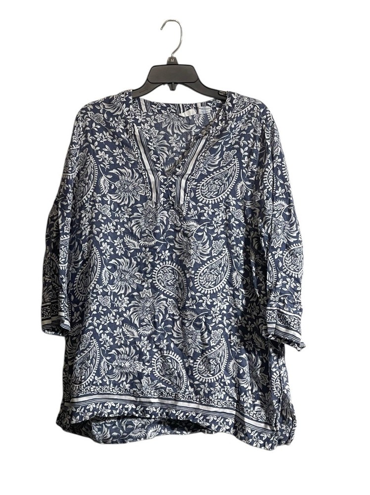 SIGRID OLSEN XL Linen Tunic Top Blue White Paisley Pullover Coastal Beach Boho
