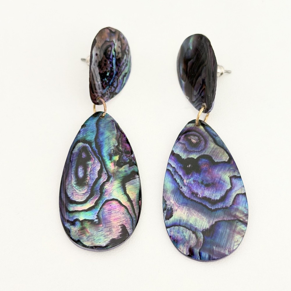 Vintage Genuine Abalone Shell Big Teardrop Statement Dangle Earrings