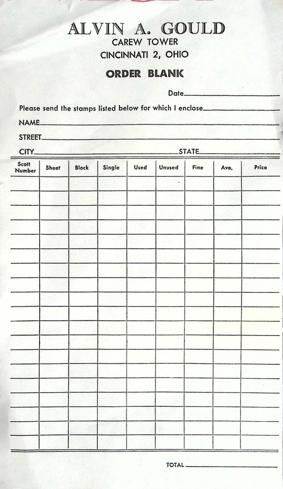 Vintage Alvin A Gould Stamp Dealer Order Blank Cincinnati Ohio Philatelic Form
