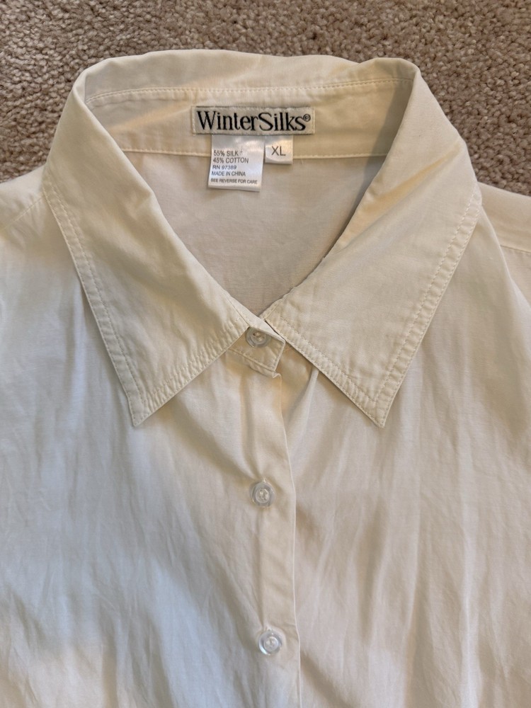 WinterSilks Ivory Silk Cotton Collared Button-Up Shirt Women’s XL Long Sleeve
