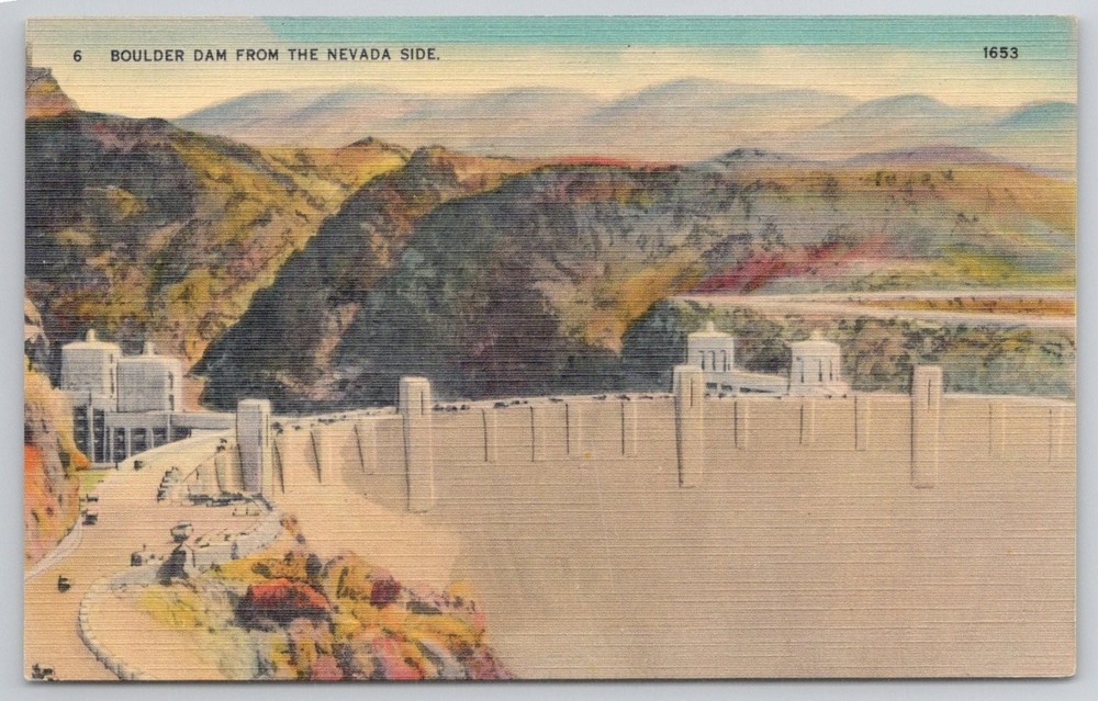 Boulder Dam Nevada Side Linen Postcard c.1930s Herz Hoover Dam Colorado River