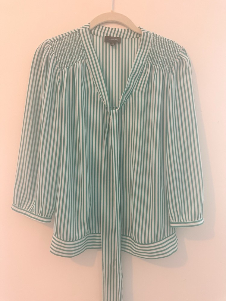 The Limited Striped Smocked Tie Neck Blouse Green White V Neck 3/4 Sleeve S