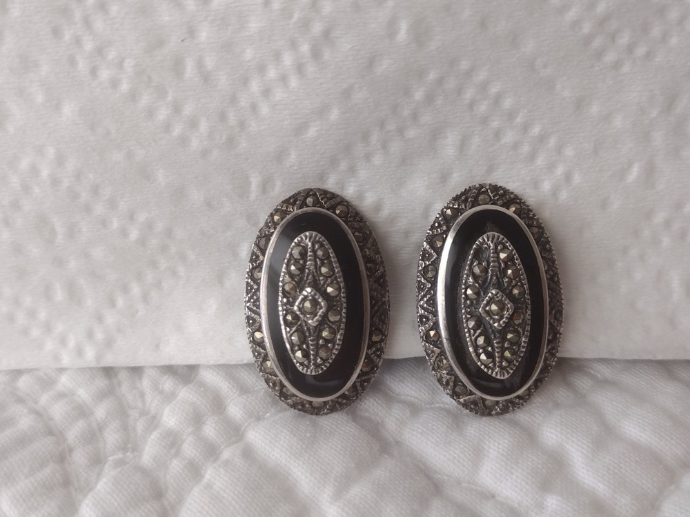 Vintage 925 Thai W Sterling Silver Black Onyx Marcasite Clip On Earrings Jewelry