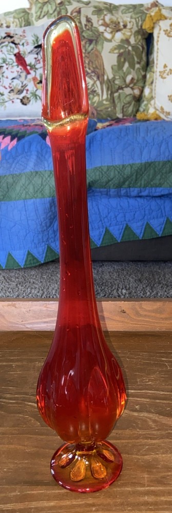 Vintage MCM Viking Glass Epic 6 Petal 17” Swung Vase persimmon orange w/ yellow