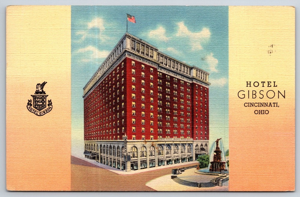 Cincinnati Ohio~Hotel Gibson Bldg Street View~PM 1940~Vintage Linen Postcard