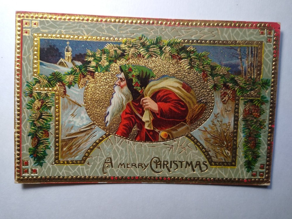 Vintage Embossed Old World Santa Claus Christmas Postcard with Fancy Gold Detail
