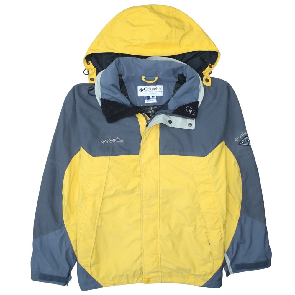 Columbia Mens Windbreaker Yellow Grey Hooded Full Zip Embroidered Logos Coat XL