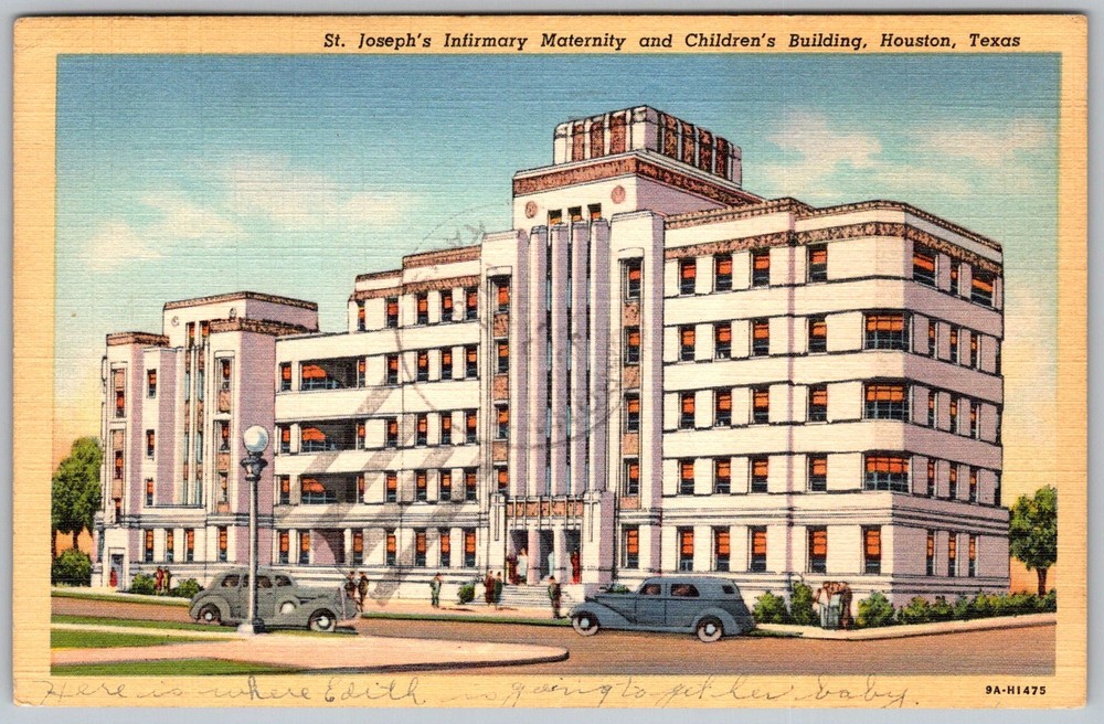 Vtg Linen Postcard St Joseph's Infirmary Maternity Houston, TX 1940s