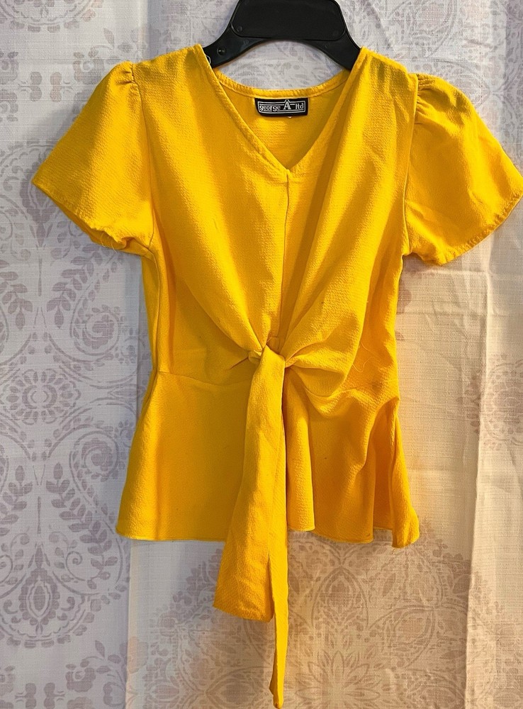 Girls George A. Ltd  Yellow Solid V-Neck Puff Short Sleeve Tie Front Blouse