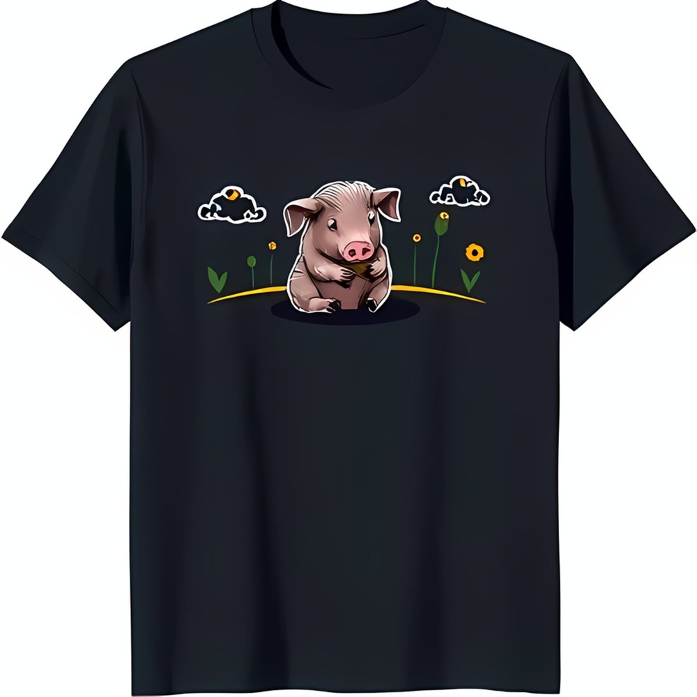 Adorable Black T-Shirt with Cute Cartoon Pig Graphic Design on Green Grass