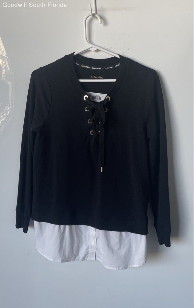 Calvin Klein Womens Black White Long Sleeve Shirt Blouse Top Size Small