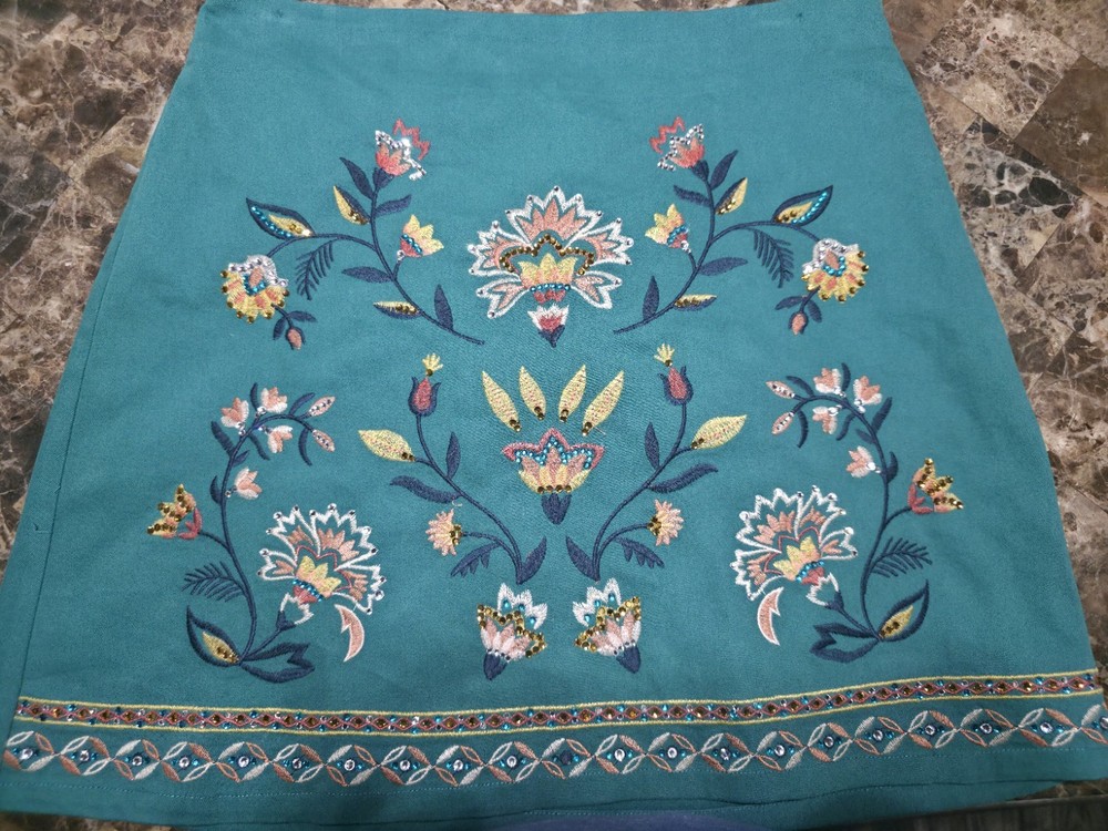 Flying Tomato Embroidered Floral A-Line Skirt Teal | Size L | Bohemian Short