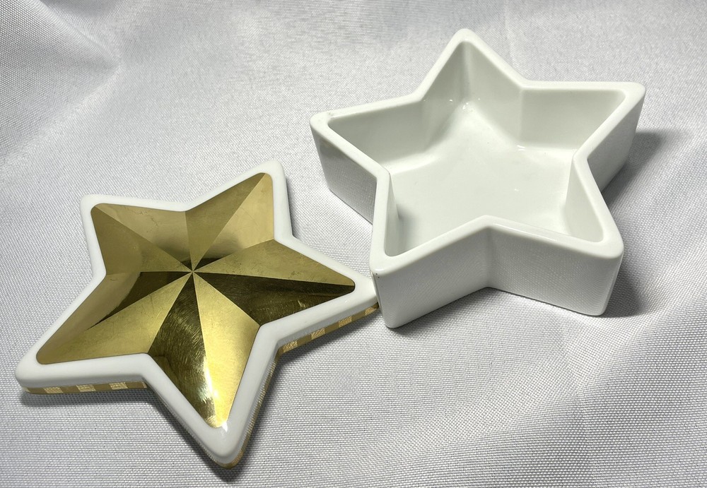 Auth Rare Tiffany Star Design Jewelry Box Gold & White Accessory Case Figurine