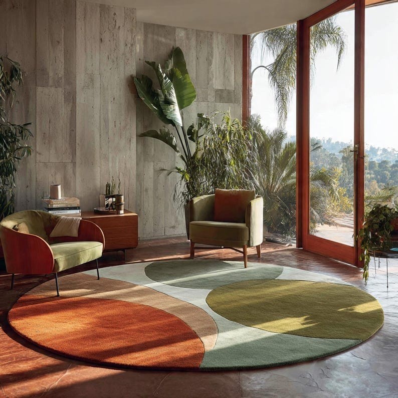 Luxury Hand Tufted 100% Wool Circular Rug Abstract Earth Tone Design Modern Roun