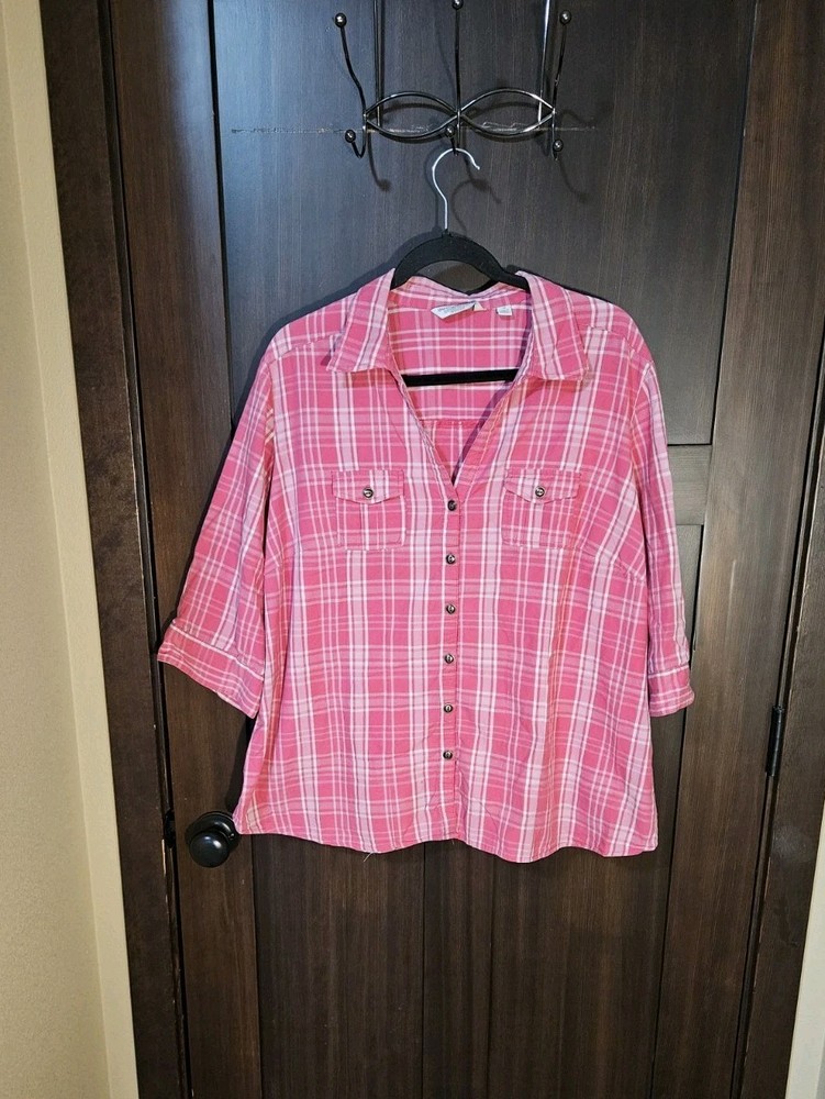EUC Women's Plus Great Northwest Pink Plaid Button Up Blouse Top Size 2X