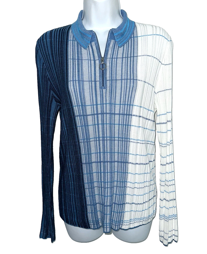 New NWT $595 AKRIS PUNTO Size 12 Pullover Top 1/4 Zip Ribbed Stretch Knit Blue