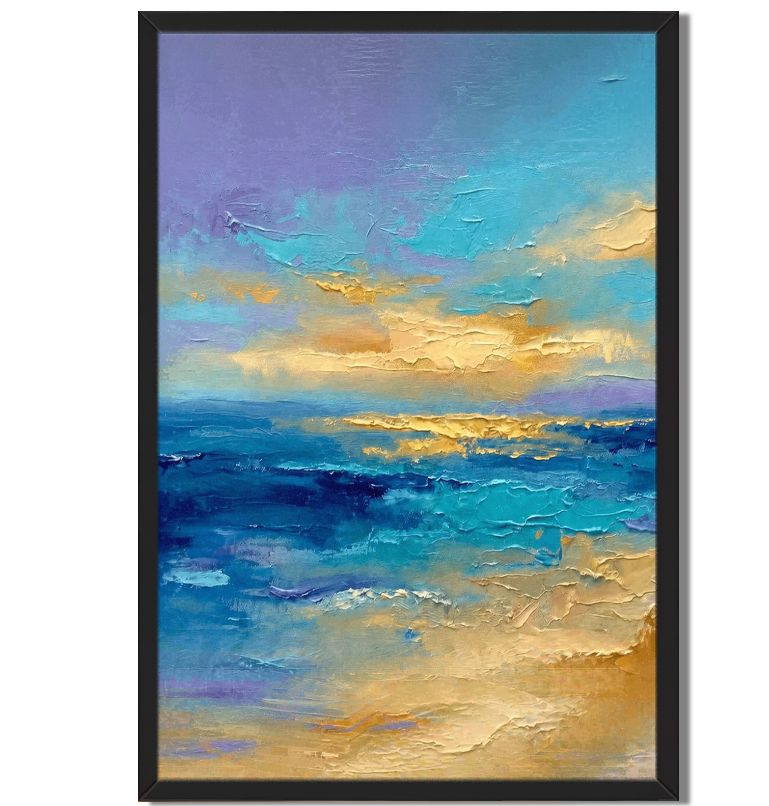 Abstract Seascape Textured Oil Painting Framed Coastal Sunset Wall Art