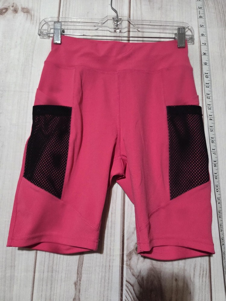 Pop Fit Shorts Womens Small Pink Black Mesh Pockets High Waist Yoga Athletic Gym