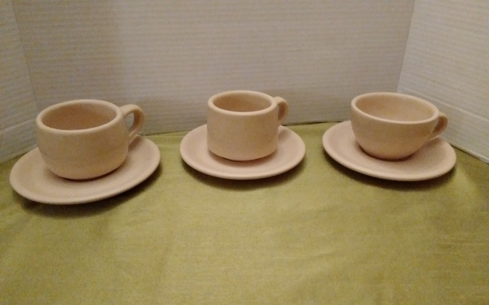 Vintage TEPCO USA CHINA 3 Heavy Coffee Mugs & Saucer Tan Restaurant Ware Diner
