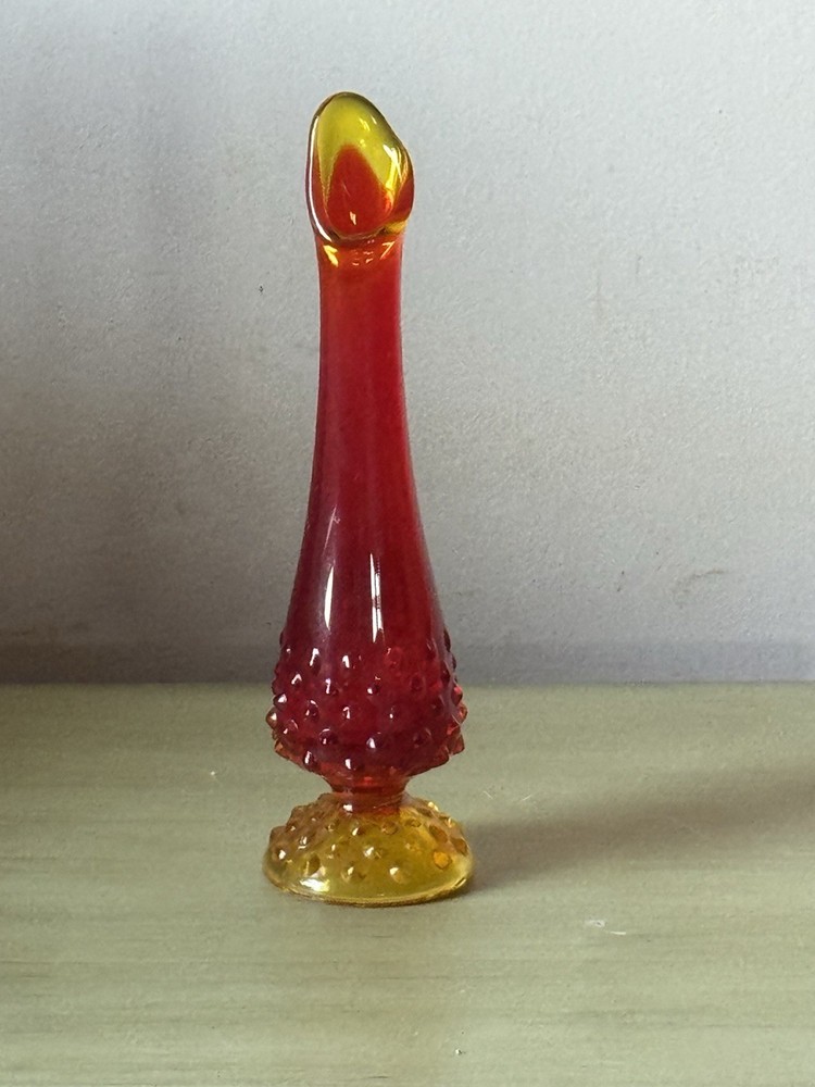 Fenton Vintage Glass Vase Amberina Red and Yellow Hobnail
