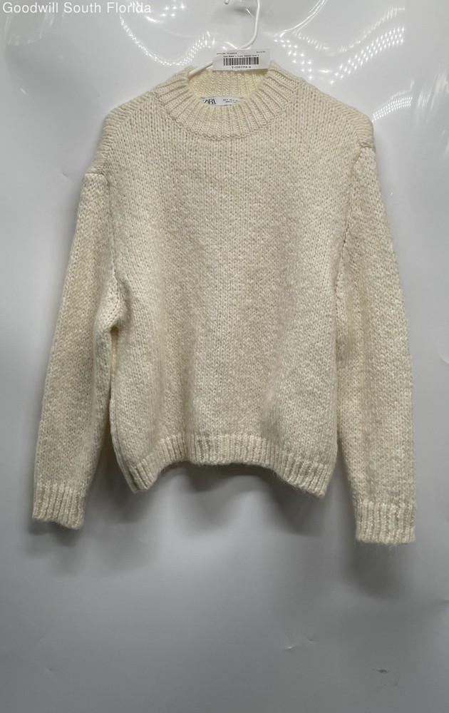 Zara Womens Cream Knitted Long Sleeve Crew Neck Ribbed Hem Pullover Sweater Sz S