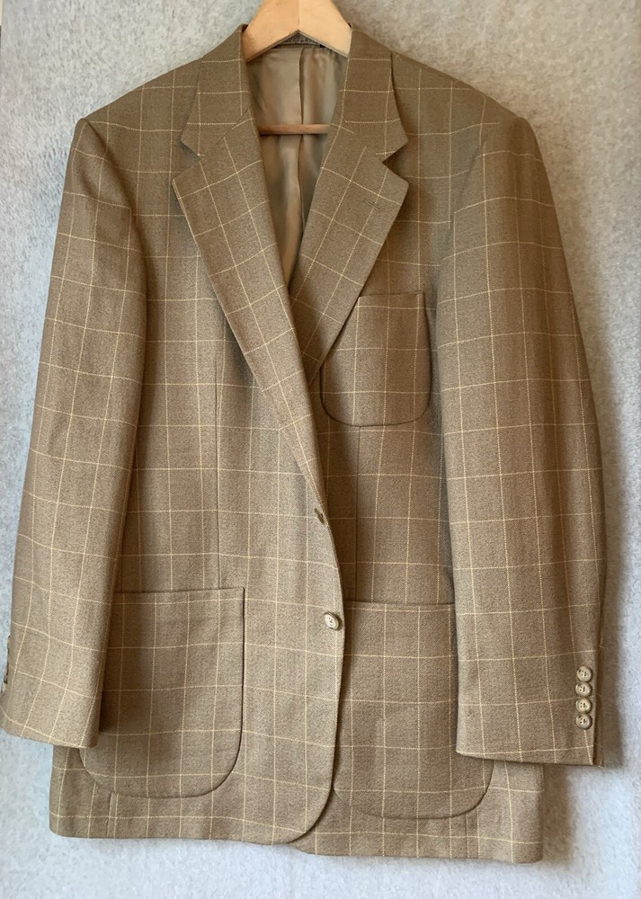 VTG Lands End Mens Sz 42L Windowpane Sport Coat Blazer Jacket USA Linen Wool
