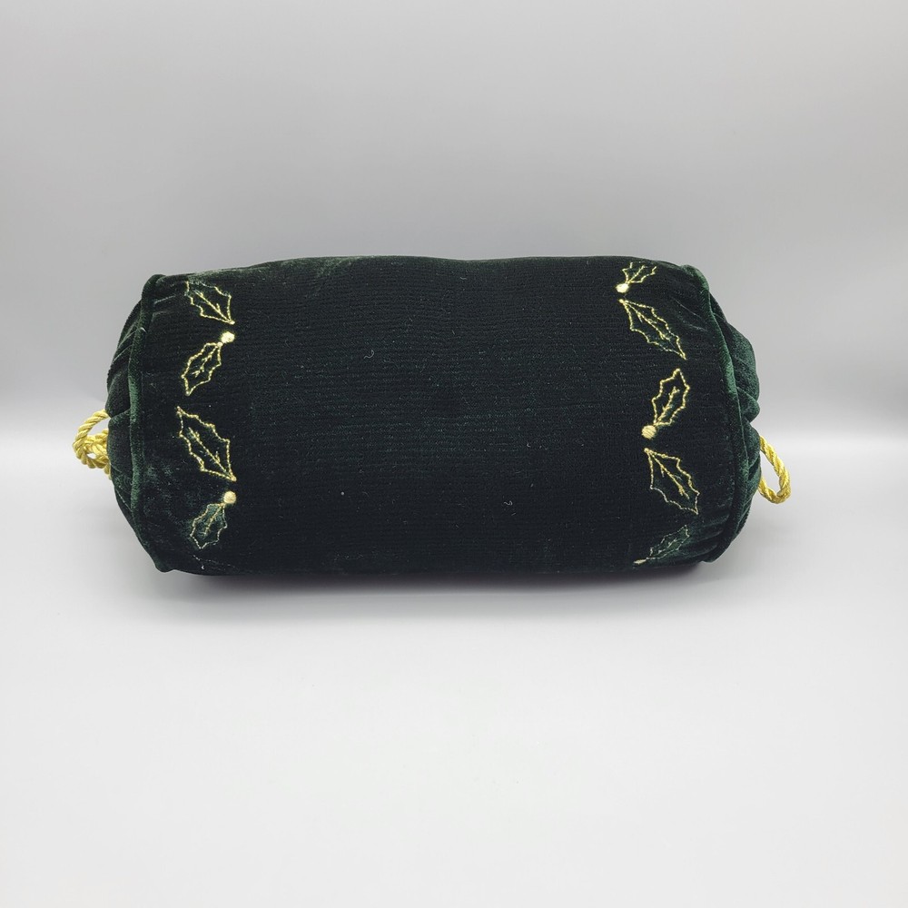 Christmas Green Velvet Bolster Pillow Holly Berry Accent Gold Rope Ties 12 In.-image