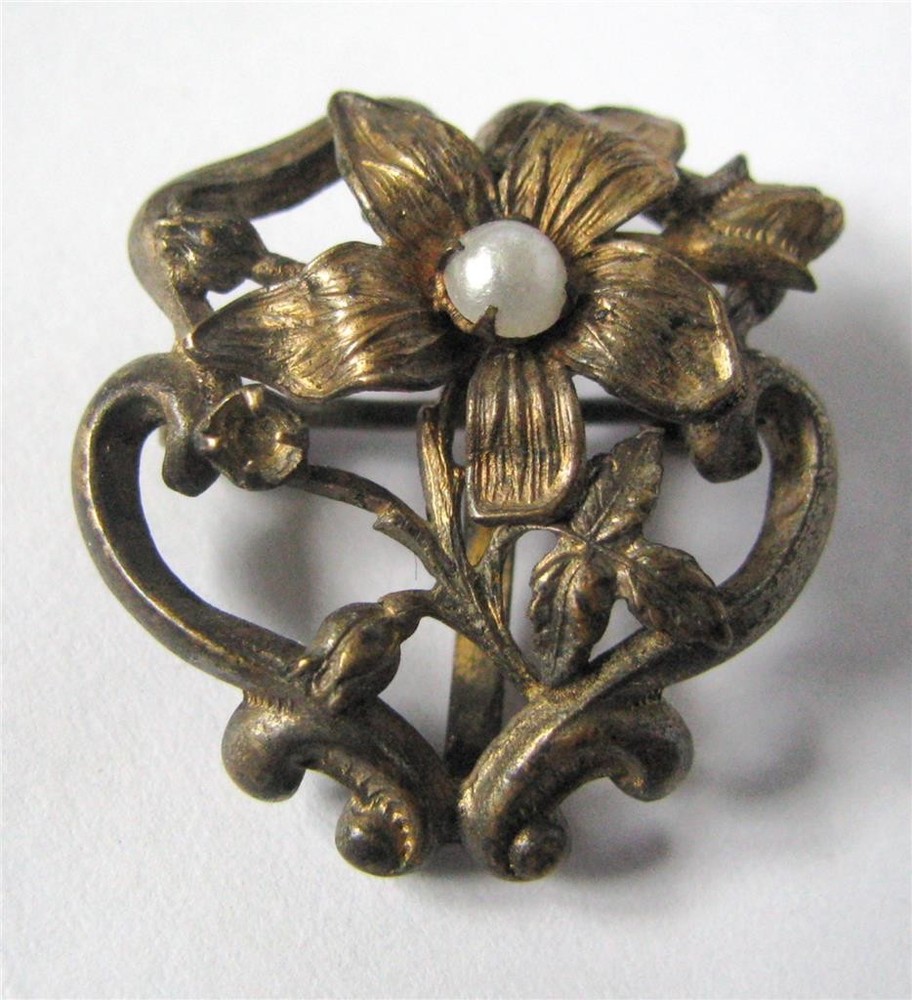 Antique Watch Pin Brooch Gilt Brass Pearl Nanny Victorian Floral Scroll