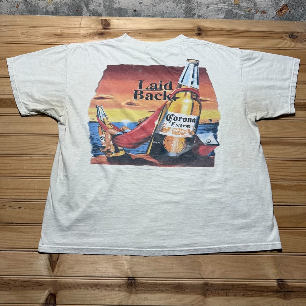 Vintage Y2K Corona Extra Laid Back Sunset Beach Beer Promo Graphic T-Shirt - XL