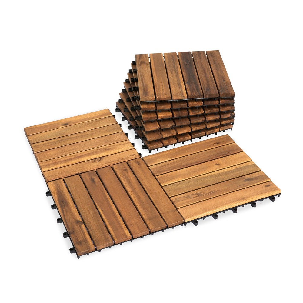Acacia Wood Interlocking Deck Tiles for Patio - Set of 9 with 6 Slats-image