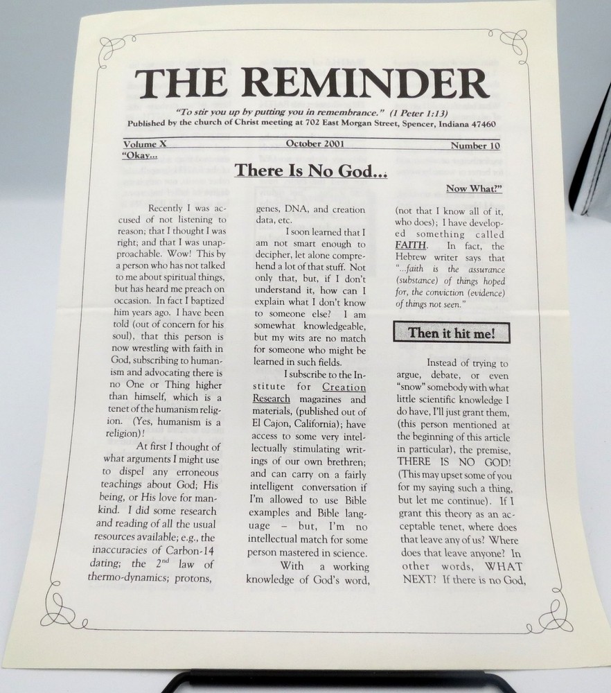 The Reminder October 2001 Religious Ephemera Spencer Indiana Church of Christ