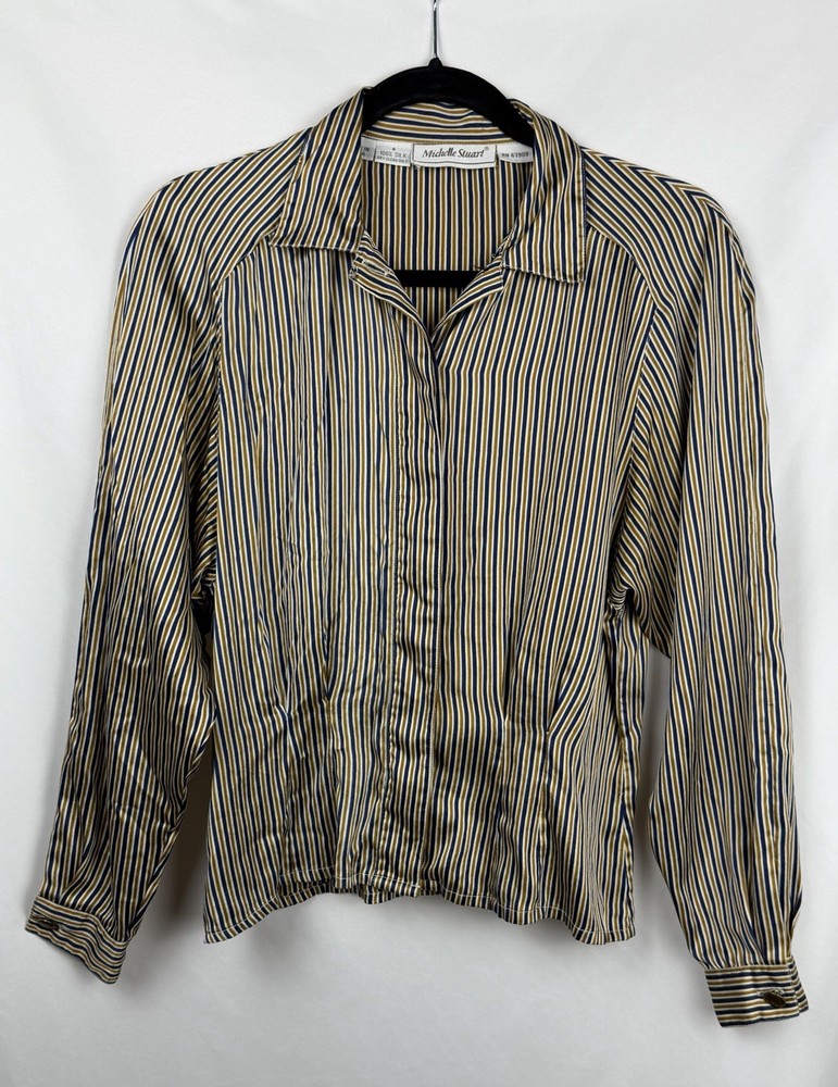 Vintage 90s Michelle Stuart 100% Silk Striped Blouse 6 Small Dark Academia Luxe