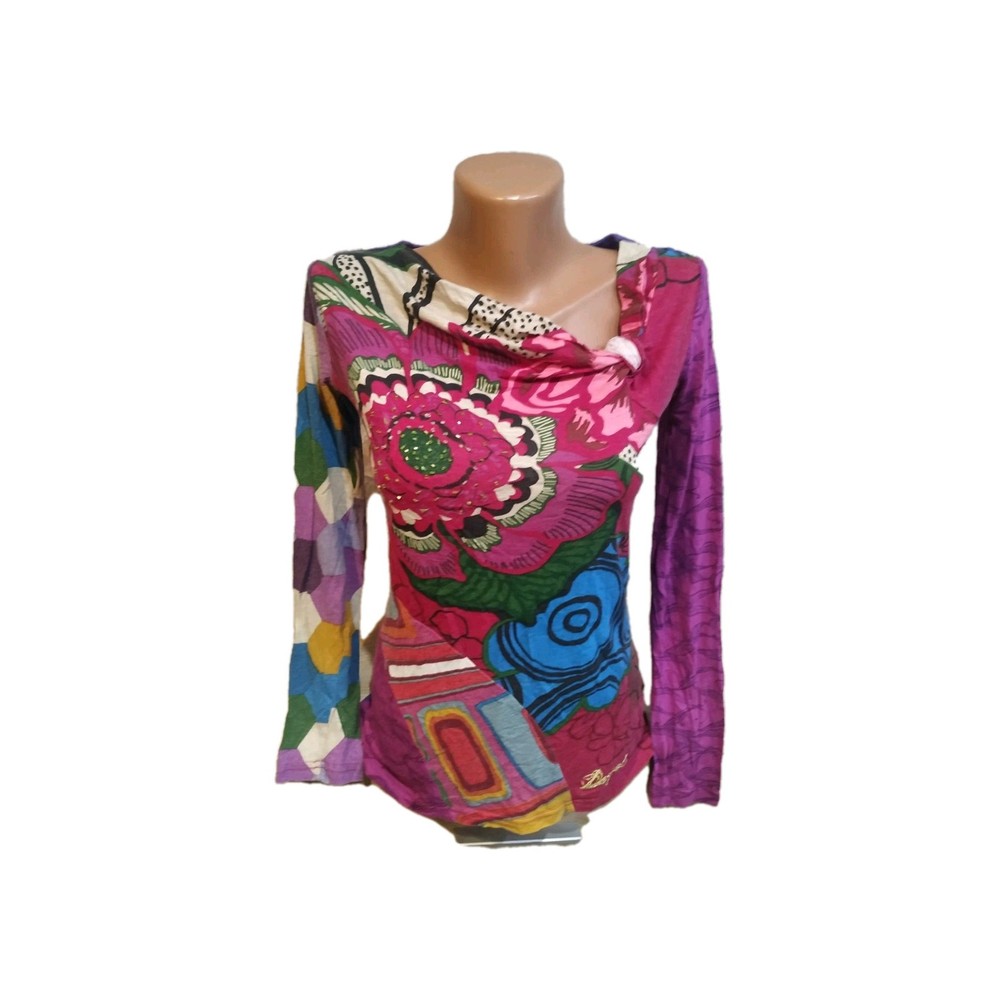 Desigual women's long sleeve t-shirt blouse size S multi color  geometric,Beaded