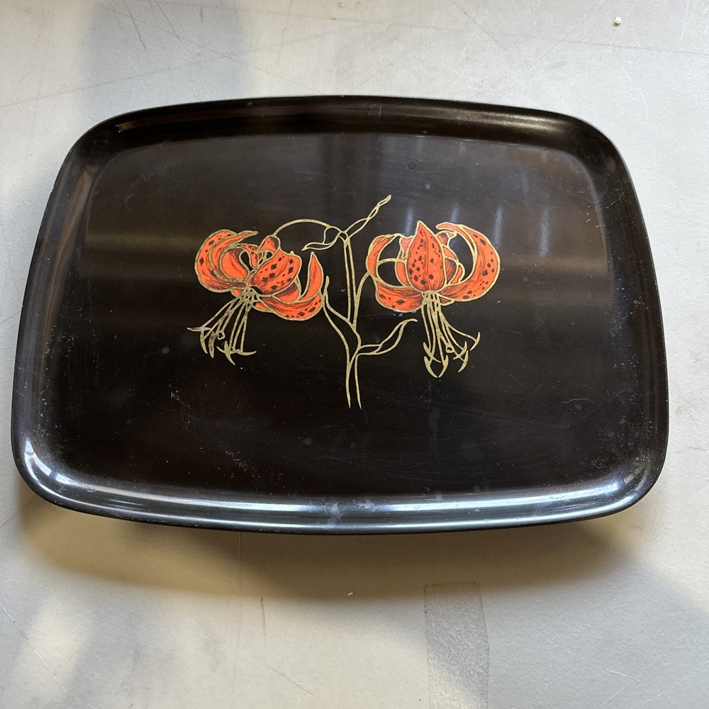 Vintage MCM Couroc Monterey Tiger Lilly Flower Serving Tray 12.5