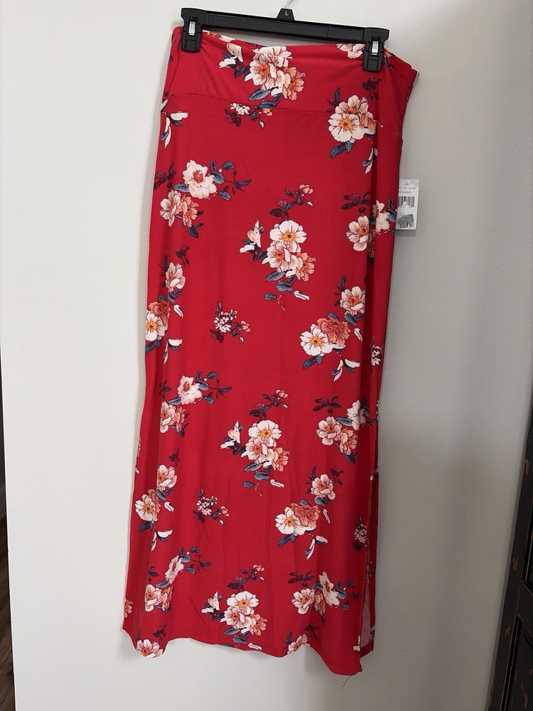 Justify Red Floral Knit Stretch A-Line Long Skirt Size L Women