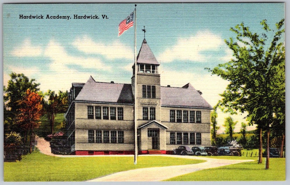 Vtg Linen Postcard Academy School Building Tower Hardwick, VT 1930s