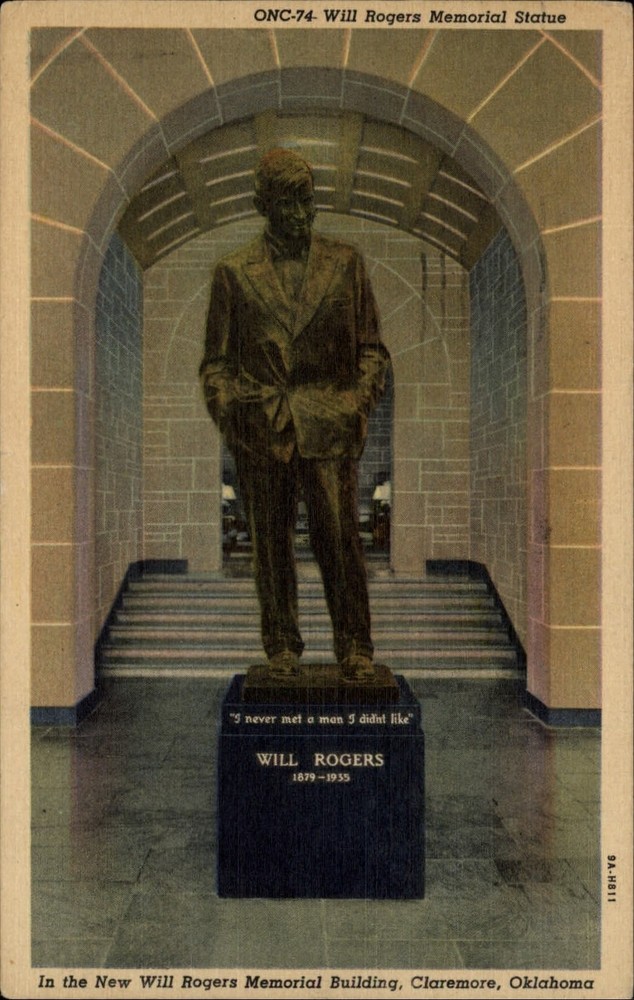Claremore Oklahoma Will Rogers Memorial Statue linen postcard mailed 1960