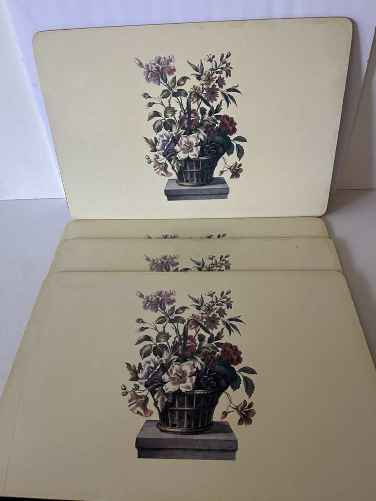 Vintage Set Of 4 Hard Cork Back Floral Placemats